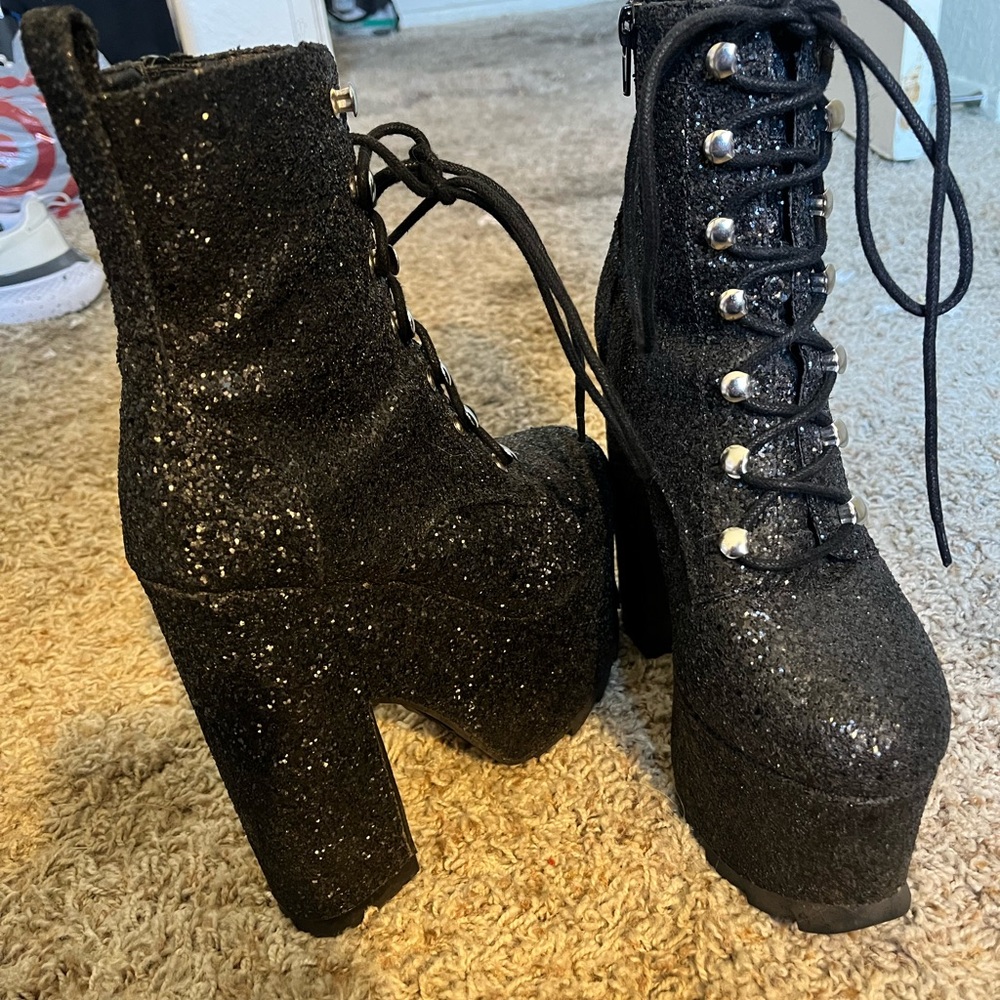 Black Glitter Platform Lace-Up Boots